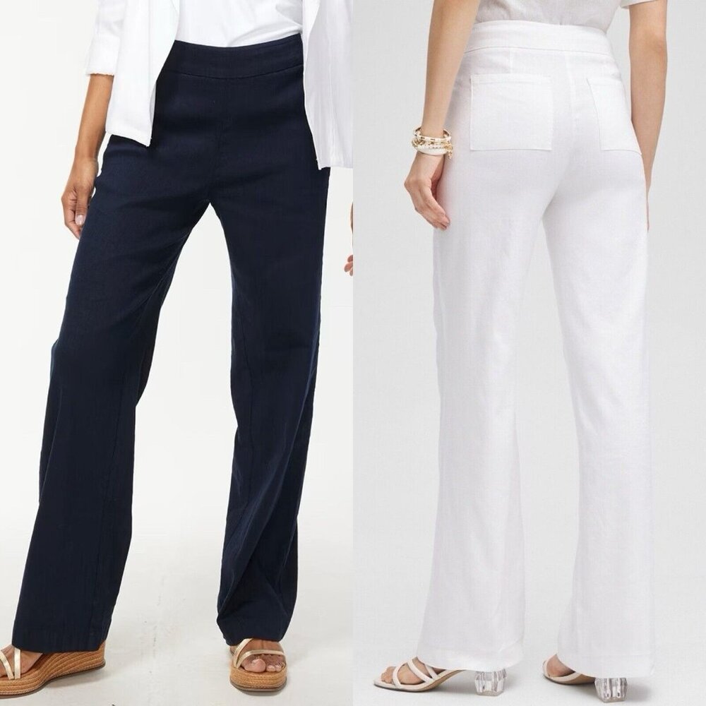 Chicos Sz 1 (8R) Wide Leg Linen Pants Navy Blue Pull On Pockets Stretch EUC - Picture 2 of 8